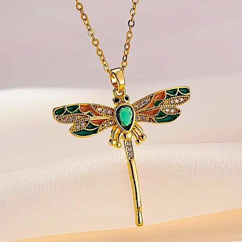 Gold Emerald Hummingbird Pendant Necklace